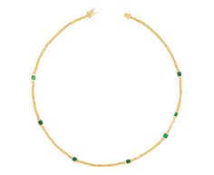 Stunning in its combination of warm toned gold and earthy color, this Darius necklace will be your next go to. Set along the 24K yellow gold plated 18K yellow gold fairy links are square, deep green emeralds set in 18K yellow gold bezels. Alone or as the finishing touch to a layered look, its elegance has an effortless, classic style. total length : 16 3/4" : 18K yellow goldemeralds : vary : 3mm x 3mm to 4mm x 4mm each : ~2.00cttw18K yellow gold safety clasp closure Gold Single Strand Emerald Necklace, Gold Emerald Single Strand Necklace, Earthy Colors, Layered Look, Deep Green, Emerald Green, Classic Style, Emerald, Chain Necklace