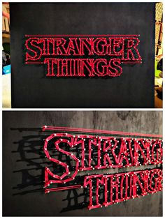 two different types of neon signs on the side of a black wall with red lettering