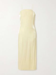 Yellow Summer Slip Dress For Evening, Yellow Slip Dress For Summer Evening, Yellow Fitted Slip Dress For Evening, Fitted Yellow Slip Dress For Evening, Elegant Yellow Silk Slip Dress, Chic Yellow Slip Dress For Evening, Chic Yellow Evening Slip Dress, Spring Silk Slip Dress For Dinner, Gold Sleeveless Satin Midi Dress