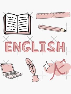 an english language poster with writing and school supplies in pink, black and white colors