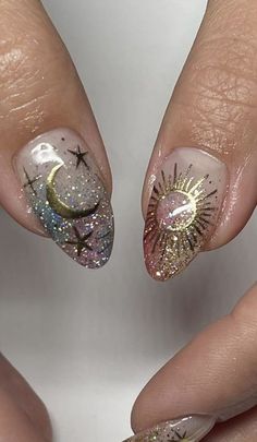 Celestial Wedding Nails For Bride, Nails With Sun Design, Moon Sun Nails, Sun Moon Nails, Winter Solstice Nails, Sun And Moon Nail Art, Fairy Nails Designs, Sun And Moon Nails, Sun Nail Art