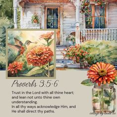 a watercolor painting of flowers in front of a house with the words proves 3 - 6