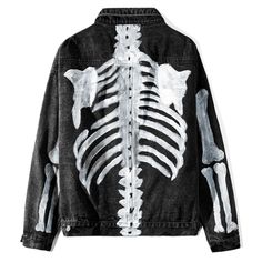 Style: Casual Material: COTTON & Polyester Sleeve Style: Regular Type: Wide-waisted Pattern Type: Hand-painted Clothing Length: Regular Decoration: PATTERN Collar: Turn-down Collar Cuff Style: Conventional Color: Black, Blue Size: M,L,XL Skeleton Jean Jacket - Wear it if you dare The Skeleton Jean Jacket is made of durable, heavy-duty denim with a human skeleton structure designed like it is painted. It is perfect for any occasion. The sleeves are long and can be pushed up to reveal more of the Graffiti Skeleton, Skeleton Jacket, Casual Denim Jacket, Hand Painted Denim Jacket, Egirl Clothes, Looks Pinterest, Skeleton Bones, Painted Denim Jacket, Printed Denim Jacket