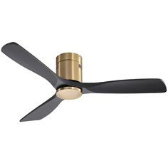 a gold and black ceiling fan on a white background with the blades pointing upward to the ceiling