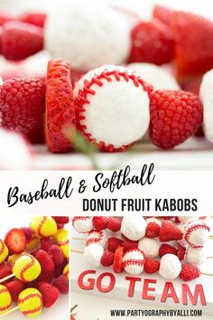 baseball and softball donut fruit kabobs with text overlay that reads, baseball and softball donut fruit kabobs