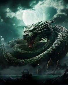 a green dragon with its mouth open in front of a full moon and dark clouds