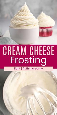 cream cheese frosting in a white bowl with a whisk on the side