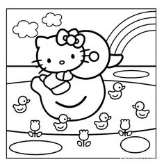 the hello kitty coloring page with ducks and rainbows in the background, it is black and white