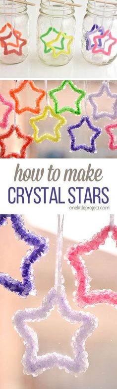 the words how to make crystal stars written in chalk on glass jars with colored crayons