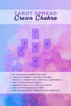 the tarot spread for crown chakra is shown in purple and blue tones, with numbers