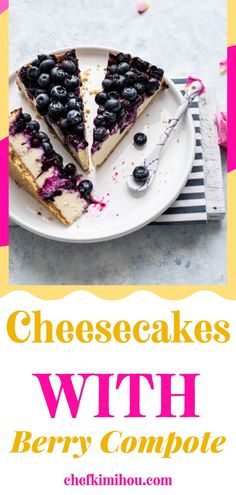 cheesecakes with berry compote on a white plate next to a fork