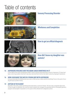 This is a simple layout, but I think it works considering that it's a autism magazine. I like the pictures with page numbers on the left and the title on the right. I also like the blue titles. It is also very easy to read. Magazine Ideas, Simple Layout, Parenting Techniques, Parenting Classes, Sensory Processing Disorder, Spectrum Disorder, Positive Discipline