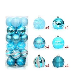 christmas ornaments are shown in different sizes and shapes, including blue ornament balls