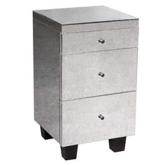 a silver nightstand with two drawers on one side and an open drawer on the other