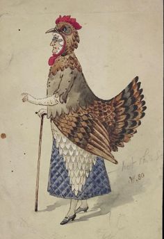 a drawing of a chicken with a cane