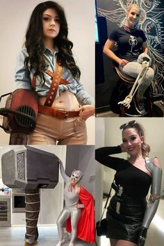 four different pictures of women in costumes and body art, one is holding a guitar