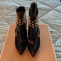 Michael Kors Leather Studded Bryn Bootie Size 7. Never Worn. New In Box 4 1/2” Heel With 1” Platform Party Leather Booties With Round Toe, Leather High Heel Moto Boots For Party, Party Leather Booties With Reinforced Heel, Elegant Leather Moto Boots For Party, Party Leather Booties With Almond Toe, Leather Boots With Studs For Night Out, Leather Moto Boots With Pointed Toe For Night Out, Studded Round Toe Heeled Boots For Formal Occasions, Formal Studded Heeled Boots With Round Toe