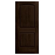 a dark brown wooden door with vertical slats on the top and bottom paneling