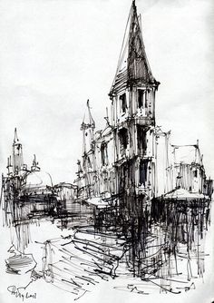 a black and white drawing of an old building