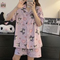 Stay cozy and stylish with the Kawaii Sanrio Pajama Set. This pajama set is made of quality cotton fabric for ultimate comfort and softness. Featuring designs from Sanrio's most popular characters, including Hello Kitty, Kuromi, Pochacco, Cinnamoroll, and My Melody, this set will bring a smile to your face every time you slip it on. Cozy Anime, Sanrio Clothes, Sanrio Fashion, Bright Floral Dress, Kawaii Sanrio, Sleep Clothes, Interesting Outfits, Fashion Top Outfits, Summer Pajamas