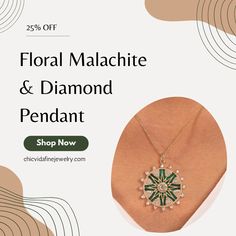 This lovely pendant features a bright green malachite stone set in a solid gold floral design. Sparkling diamonds add extra shine, making this pendant both elegant and unique. It’s a beautiful piece for any occasion, blending natural beauty with fine craftsmanship. Green Malachite, Malachite Stone