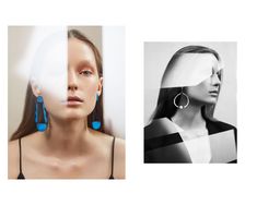 two photos one is black and white, the other has blue earrings