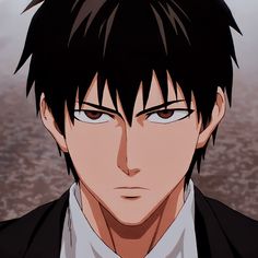 an anime man with black hair and white shirt looking at the camera while wearing a suit