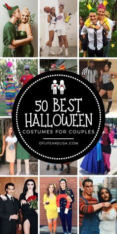 the 50 best halloween costumes for couples are featured in this collage with text overlay that reads, 50 best halloween costumes for couples