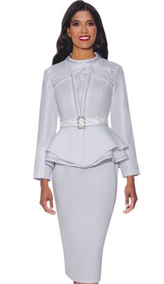 Quick Ship Churchwear Suits And Church Dresses Fall and Holiday 2023. Perfect item for church events or any special occasions. White Skirt Suit, Lace Dress Outfit, Scuba Skirt, Peplum Designs, Traditional Suit, White Veils, Women Church Suits, Sheer Jacket, Church Outfit