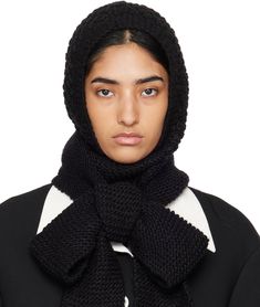 Textured knit and purl knit acrylic- and wool-blend beanie in black. Self-tie scarf-style fastening. Available exclusively at SSENSE. Supplier color: Black Winter Black Knitted Bonnet, Black Knitted Winter Bonnet, Winter Knitted Black Bonnet, Black Scarves For Cold Weather, One Size, Black Winter Scarves For Cold Weather, Warm Black Scarves For Cold Weather, Black Winter Scarves, Black Knitted Scarves For Winter, Warm Black Winter Scarf