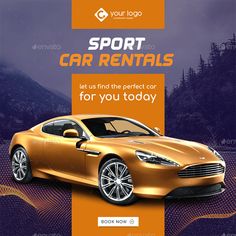 a car rental flyer with an image of a gold sports car on the front and back