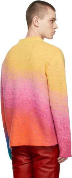 Brushed knit mohair, alpaca, and wool-blend sweater. · Crewneck · Jacquard knit logo at front Supplier color: Rainbow Gradient Sweater, Flower Pattern Shirt, Luxury Skincare Brands, White Hoodie Men, Luxury Clothes Men, Knit Logo, Color Rainbow, Minimal Outfit, Mohair Sweater