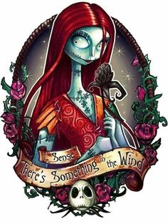 a skeleton girl with long hair holding a rose and banner that says, here's something to the side