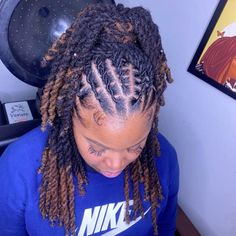 Loc Two Strand Twist Updo, Dreadlock Hairstyles Female, Locs Hairstyles For Women Half Up Half Down, Loc Style Inspo Black Women, Up Down Loc Styles, Loc Hairstyles Half Up Half Down, Loc Style Half Up Half Down, Half Up Half Down Dread Styles, Half Up Half Down Loc Styles Locks