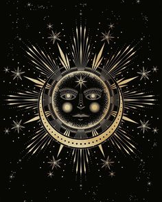 the sun and moon face with stars in the sky above it, on a black background