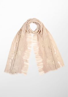 Indulge in the ultimate opulence with this fawn scarf woven from the finest cashmere. Wrap yourself in this statement piece elevated by its handcrafted tonal pearl-embroidered daisy flowers, exotic lavender lace panels and an fawn frill detailing on one side. This scarf brings with it a sense of timeless beauty, perfectly blending luxurious warmth and refined elegance. It is the ideal accessory to make heads turn on any formal evening out or a special occasion. Elegant Shawl Scarf With Intricate Embroidery, Beige Pashmina Scarf For Wedding, Elegant Embroidered Spring Scarves, Elegant Embroidered Cream Scarves, Elegant Embroidered Cream Scarf, Elegant Embroidered Scarves For Spring, Elegant Embroidered Beige Scarves, Elegant Beige Embroidered Scarves, Elegant Cream Embroidered Scarves