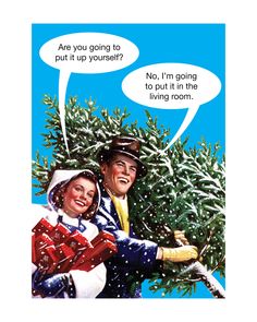 two people standing next to each other in front of a tree with speech bubbles above them