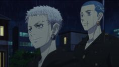 two anime guys standing in the rain at night with their backs turned to the camera