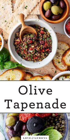 olive tapenade in a bowl surrounded by bread, olives and other foods