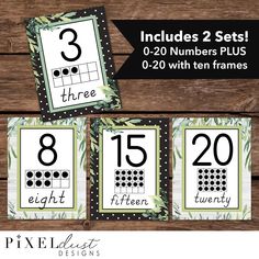 printable numbers and place cards for the number three to twenty, with green leaves on them