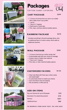 a pink and white flyer for a birthday party with pictures of chairs, tables, and decorations