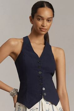 By Anthropologie Tailored Buttondown Vest | Anthropologie Fitted Versatile Top With Button Closure, Fitted Versatile Tops With Button Closure, Versatile Fitted Tops With Button Closure, Fitted Button Closure Top, Chic Fitted Tops With Button Closure, Chic Single Breasted Tops For Business Casual, Versatile Formal Tops With Buttons, Tailored Tops For Office Wear In Spring, Single-breasted Tops For Business Casual In Spring