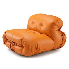 an orange leather recliner sitting on top of a white floor