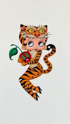 a drawing of a tiger holding an apple