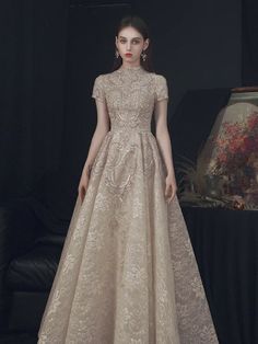 A-line Lace Wedding Gown, Lace Ball Gown With Sweep Train For Banquet, Elegant A-line Wedding Dress For Debutante Ball, Lace A-line Wedding Gown, A-line Wedding Gown With Sweep Train, Gold A-line Dress For Wedding, A-line Embellished Wedding Gown, A-line Ball Gown For Wedding Or Prom, Fitted Lace Ball Gown For Banquet