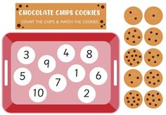 a red tray with cookies next to it and numbers on the side that spell out chocolate chips