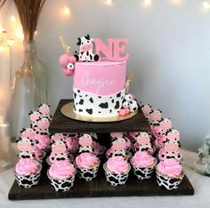 a cake and cupcakes are arranged on a table