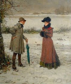 a painting of two people standing in the snow holding an umbrella and looking at each other