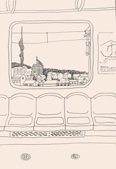 a black and white drawing of a train seat with a view of the city from it