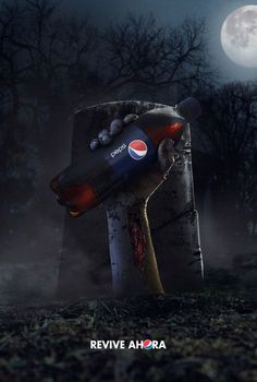 an advertisement for pepsi is shown in front of a full moon and creepy tree with blood on it